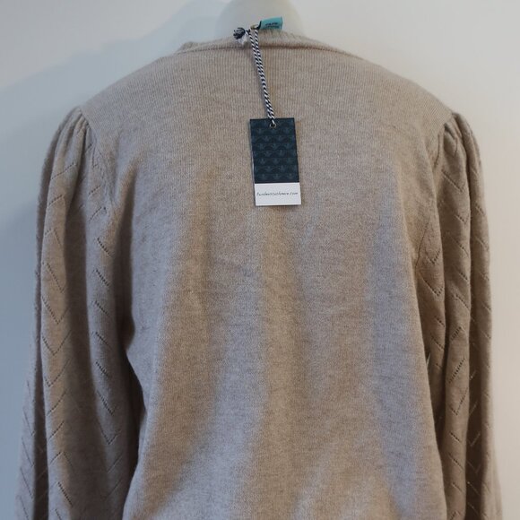 NWT Two Bees Cashmere Wool Taupe Pointelle Puff Slv V-Neck Cardigan Sweater XS - Picture 9 of 11
